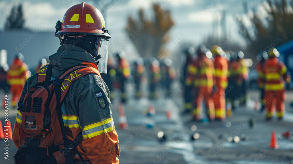 Obraz premium Focused emergency responders participating in a training exercise outdoors, wearing reflective gear and helmets.