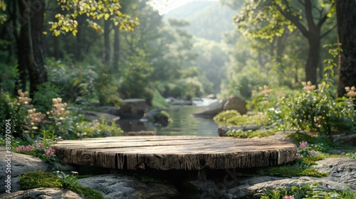 A wooden table is placed in front of a river, surrounded by lush green trees photo