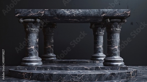 A black marble table with four pillars in the background