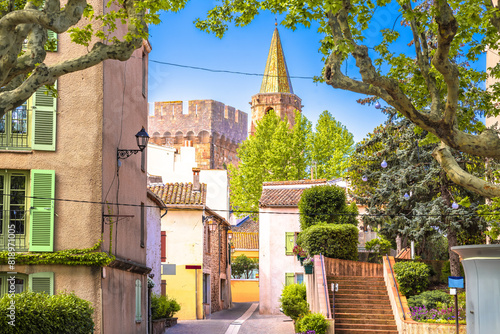 Town of Frejus colorful street anf tower view photo