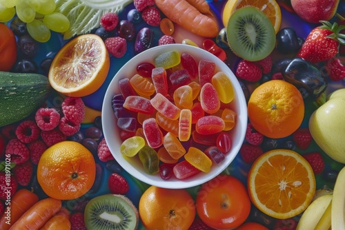 Bowl of fruit and vegetables on a table, food background 