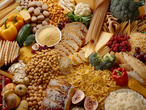Group of food with high content of dietary fiber arranged side by side photo