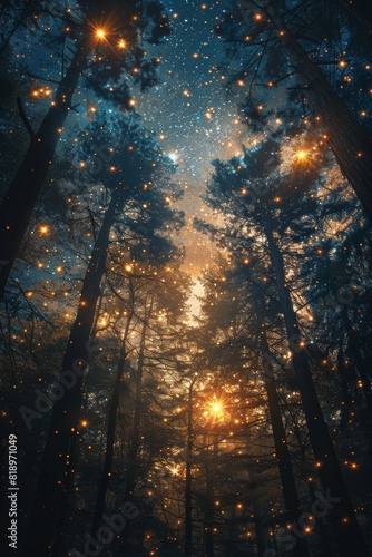 The night sky is full of stars. The stars are twinkling and shining. The trees are tall and dark. The leaves are rustling in the wind. The forest is full of mystery. photo