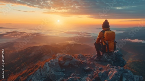 The photo shows a person sitting on a rock and looking at the sunrise over the mountains photo