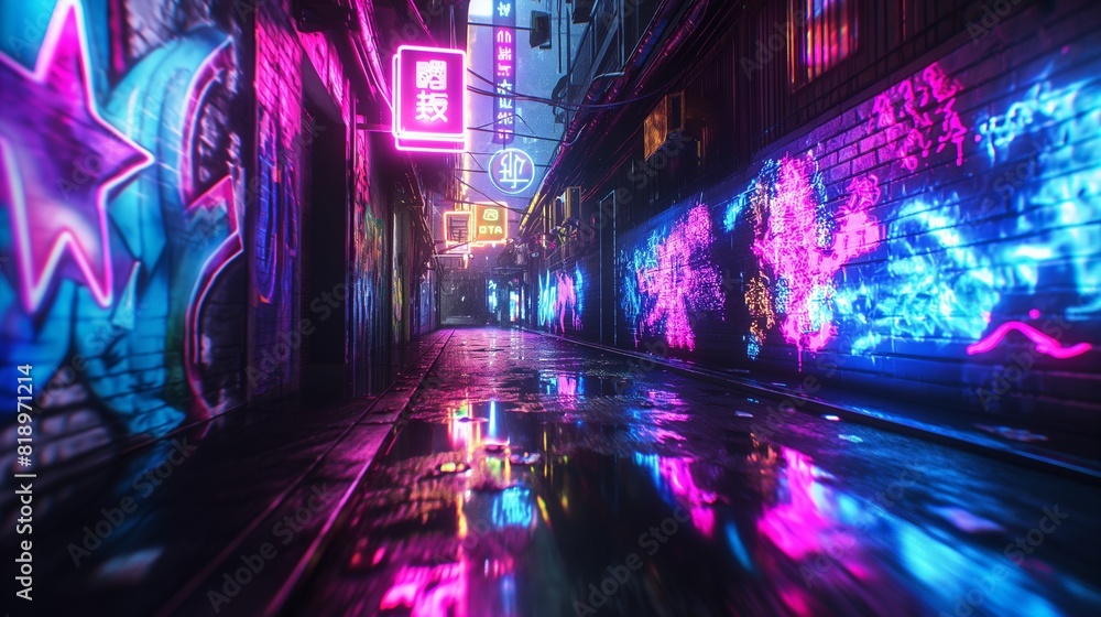 A mesmerizing cyberpunk alleyway adorned with holographic graffiti, where neon signs flicker and cast colorful shadows on the rain-slicked pavement. 32k, full ultra HD, high resolution