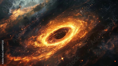 A black hole surrounded by a glowing accretion disk of spiraling matter. photo