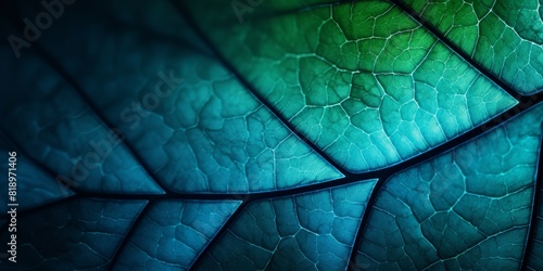 Leaf of a tree close-up. Blue toned background or wallpaper. Mosaic pattern from a net of veins and plant cells. Abstract backdrop on a floral theme. Macro. High quality photo