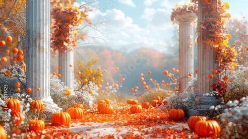 A beautiful autumn scene with orange pumpkins and white flowers photo