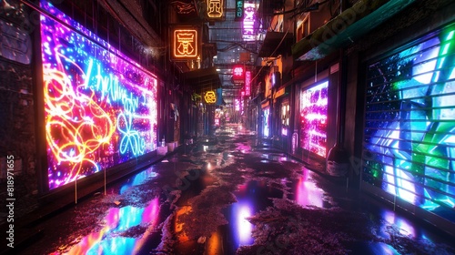 A mesmerizing cyberpunk alleyway adorned with holographic graffiti, where neon signs flicker and cast colorful shadows on the rain-slicked pavement. 32k, full ultra HD, high resolution