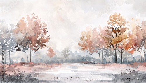 A panoramic watercolor illustration of an autumn landscape with light pastel tones, featuring white and gray backgrounds and trees in a long, narrow view.