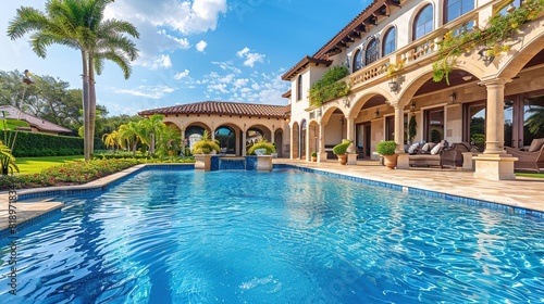 A large outdoor swimming pool with several water fountains in the foreground. In the background, there is a large house with arched openings. The sky is blue, and there are some palm trees.