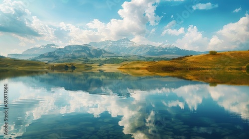 A lake in the mountains. The sky is blue and cloudy, and the lake is calm and still. There are green trees on the shore of the lake, and mountains in the distance.