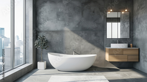 An aesthetic bathtub sits against sleek grey walls  framed by panoramic windows offering breathtaking views.