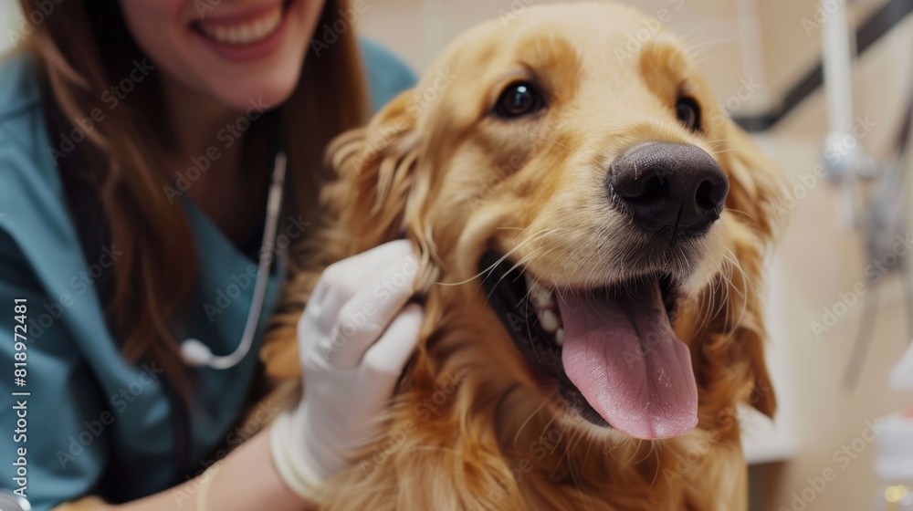 Happy golden retriever being examined by a smiling veterinarian. Dog receiving care, close-up of joy during pet healthcare visit. Happy golden retriever being examined by a smiling veterinarian. Dog receiving care, close-up of joy during pet healthcare visit.