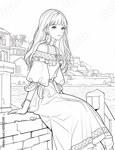 summer beautiful beach girl wearing hat. For adult, children coloring book