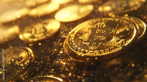 Several gold Bitcoin cryptocurrency coins on a circuit board with a glowing background.