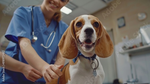 Happy Beagle dog receiving examination from vet in blue scrubs at veterinary clinic. Animal care and health checkup concept.