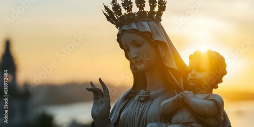 Statue of Our Lady of Aparecida holding Baby Jesus in golden sunset. Concept Religious Sculpture, Sunset Photography, Spiritual Art, Golden Hour, Christian Iconography