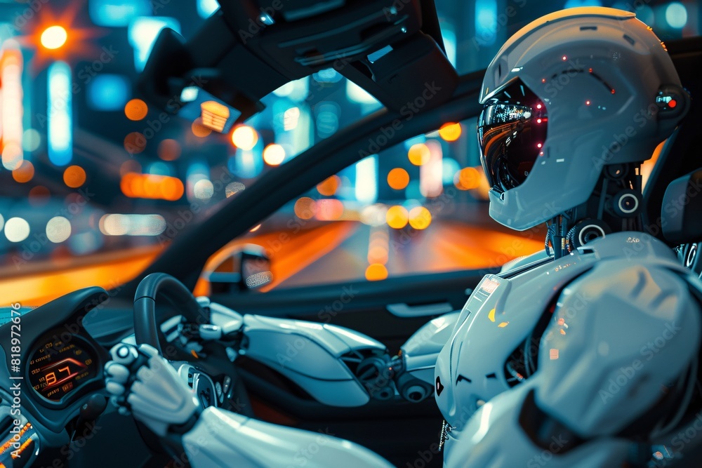 An advanced humanoid robot driving a futuristic car, crafted using generative AI. An advanced humanoid robot driving a futuristic car, crafted using generative AI.