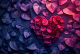 Heart-shaped flower arrangement with vibrant colors against a dark leafy background, symbolizing love, romance, and beauty.