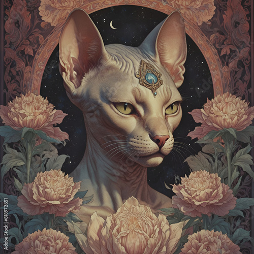 Art nouveau floral Tarot sphynix cat Portrait photo