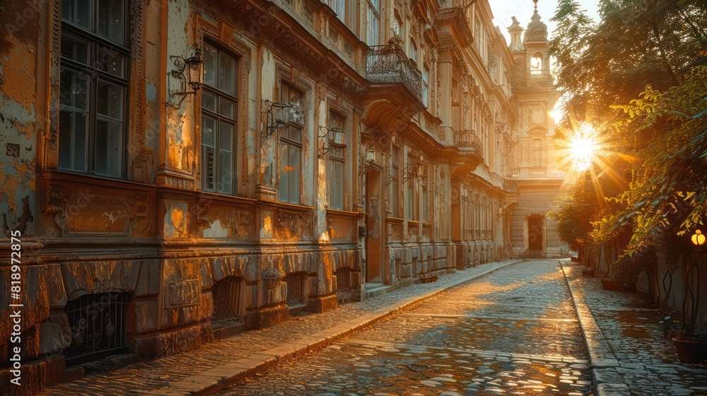A street with a building in the background and a sun shining on it