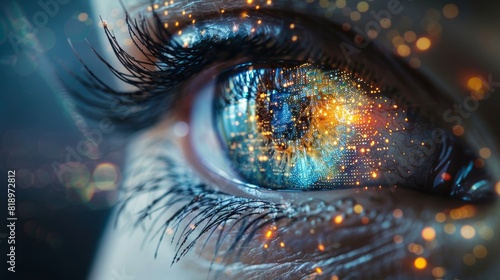 The future vision: a close-up of a human eye illuminated with colorful lights and data in digital augmented reality photo