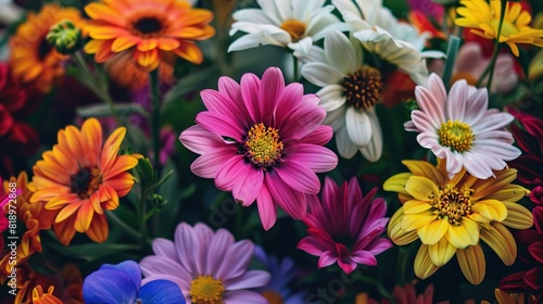 A variety of different colored flowers. The flowers are mostly pink, yellow, orange, and white.