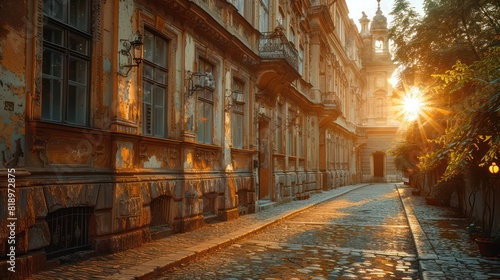 A street with a building in the background and a sun shining on it