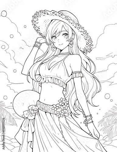 summer beautiful beach girl wearing hat. For adult, children coloring book