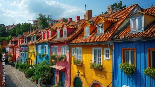 A row of colorful houses with red roofs photo