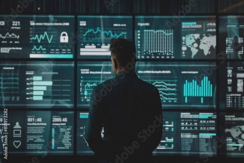 Business person analyzing a cybersecurity dashboard with a prominent lock icon - data security - IT solutions - risk management