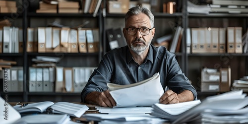Image of frustrated retiree organizing charity fundraiser amidst cluttered desk paperwork. Concept Cluttered workspace, Frustrated retiree, Charity fundraiser, Organizing paperwork photo