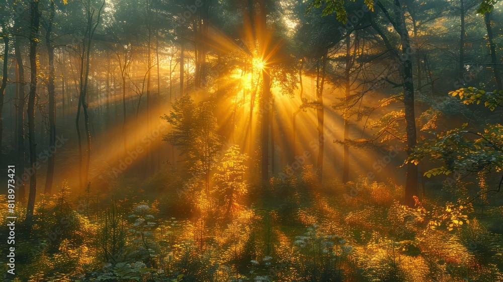 The sun is shining through the trees, casting a warm glow on the forest floor