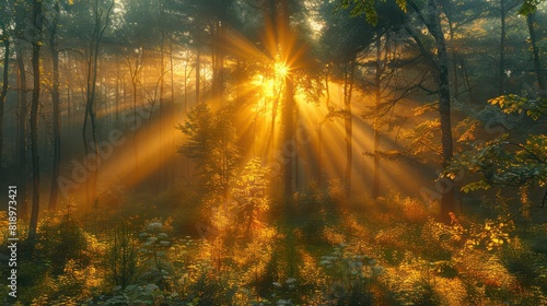 The sun is shining through the trees  casting a warm glow on the forest floor