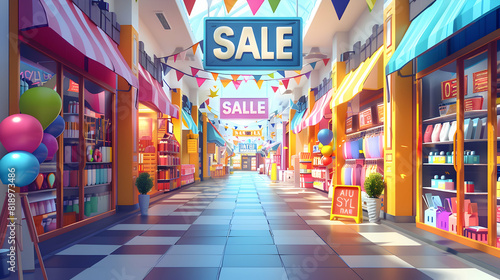 Vibrant 3D Flat Cartoon Half Year Sale Signs  Banners in Store Concept: Colorful Designs Attracting Customers  Creating a Lively Shopping Atmosphere! © Gohgah