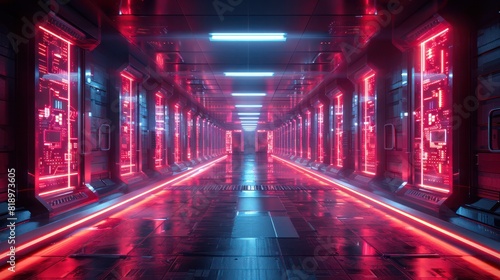 A long, red hallway with neon lights and a computer screen on the wall