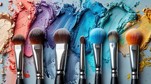 An image of makeup brushes and colorful brushes of eye shadow on a white background, beauty tools and cosmetics