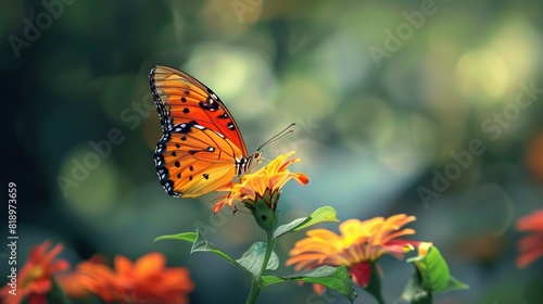 A monarch butterfly with open wings is perched on a flower. 