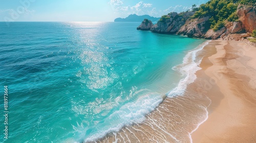 A beautiful beach with a blue ocean and a mountain in the background