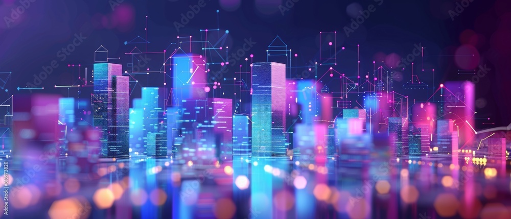 Futuristic cityscape with neon lights and digital elements, showcasing modern architecture and advanced technology in a vibrant urban environment.