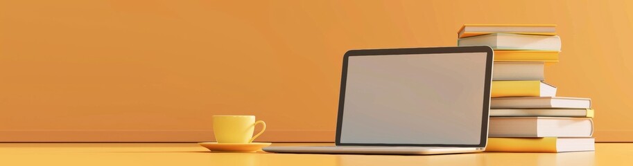 a laptop, books and coffee cup on a yellow background with copy space for a text web banner design template for online education or digital learning concepts.