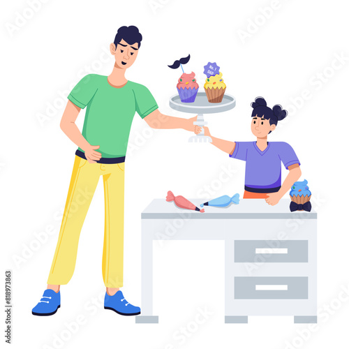 Trendy flat illustration of father and daughter making cupcakes 
