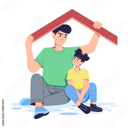 A captivating flat illustration of kid sheltering 