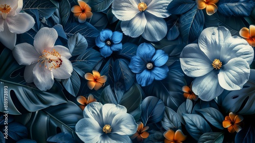 Floral pattern: a lush green background surrounded by blue and white flowers