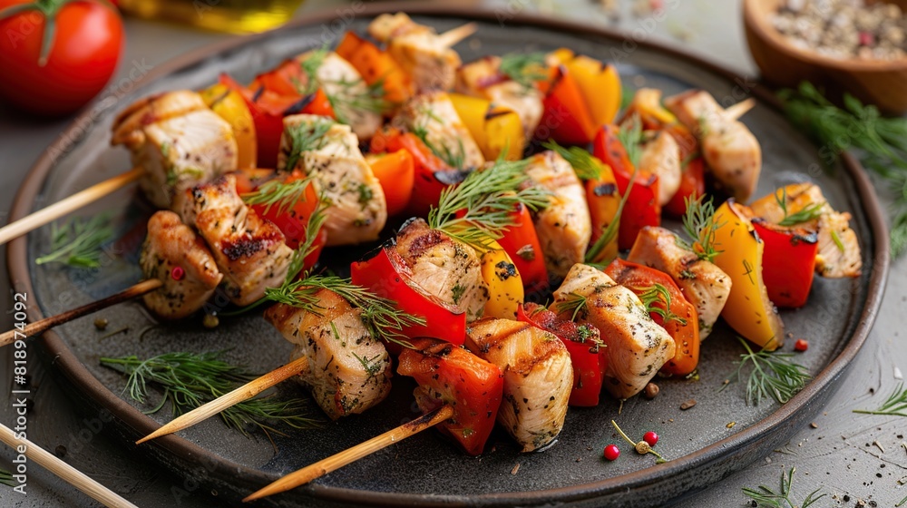 There are several skewers of meat and vegetables on a wooden board. The meat is brown and the vegetables are green, red, and yellow.