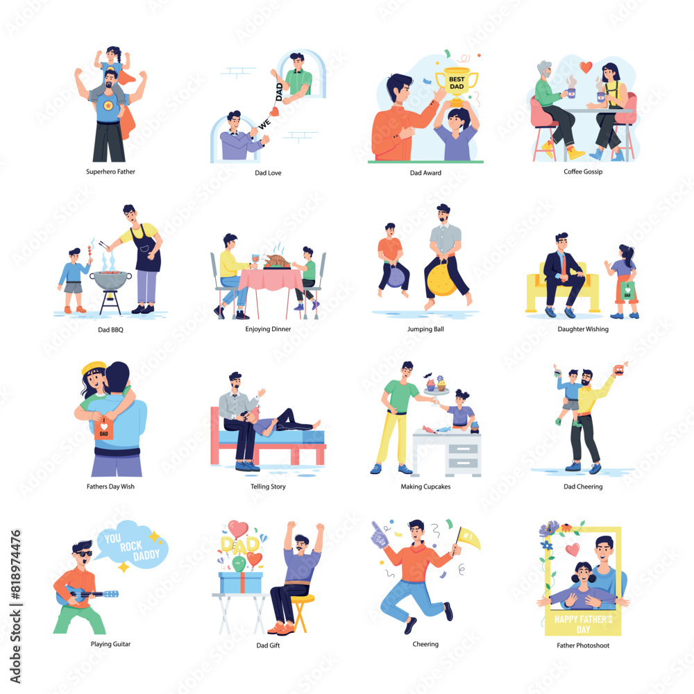 Pack of Father Child Bonding Flat Illustrations 


