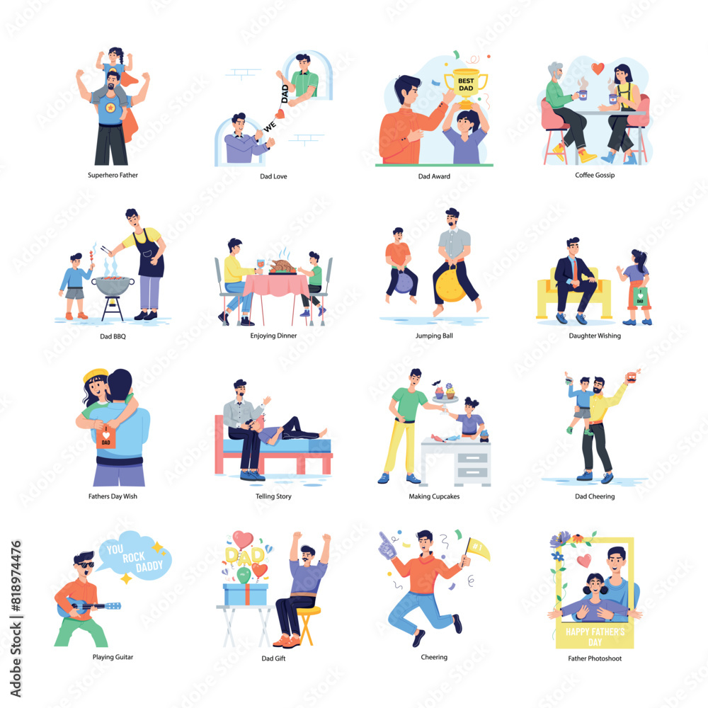 Fototapeta premium Pack of Father Child Bonding Flat Illustrations