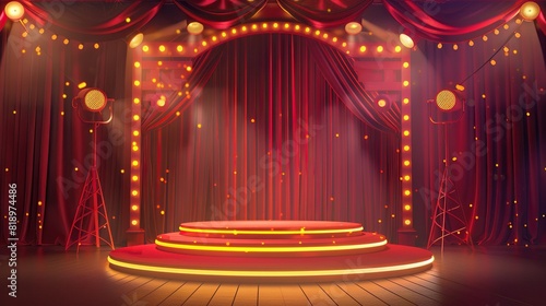 Circus stage podium background 3D carnival light red show curtain. Circus platform stage podium tent 