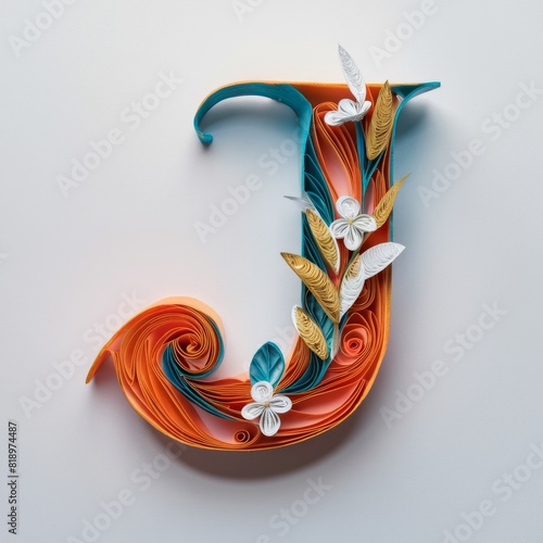 Letter J Embellished with Floral Designs, Elegant Paper Quilling Art.